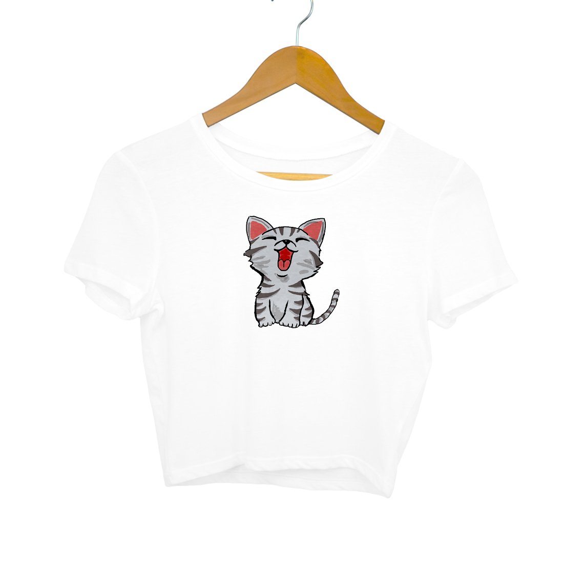 Grey Cartoon Cat - Crop Top Clothing Printrove White S 